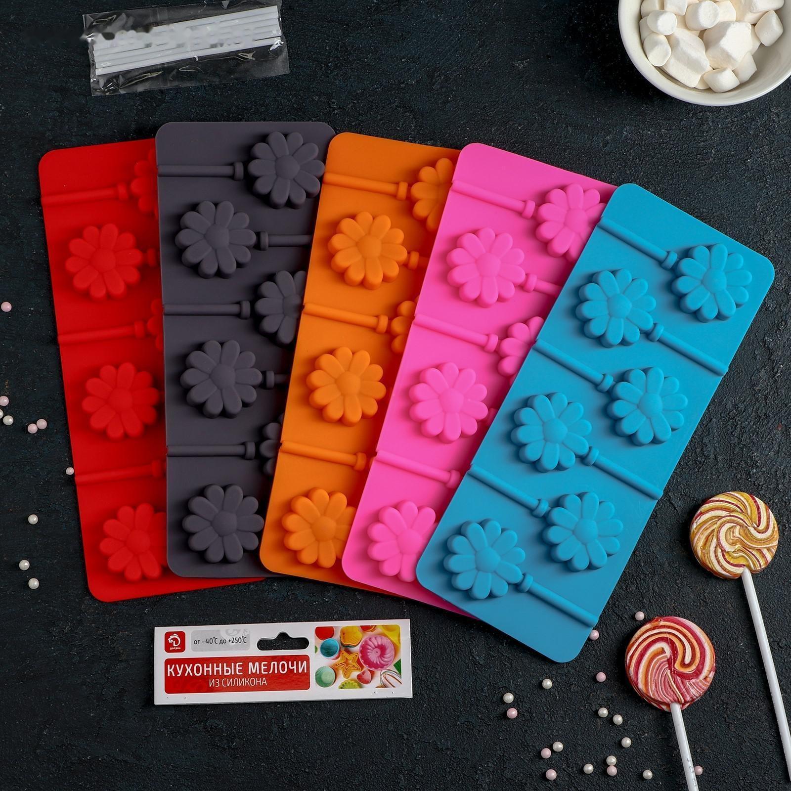 Форма для леденцов Доляна «Ромашка», 9,5×24×1 см, 6 ячеек, с палочками, цвет МИКС