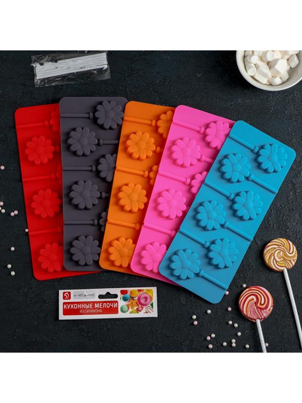 Форма для леденцов Доляна «Ромашка», 9,5×24×1 см, 6 ячеек, с палочками, цвет МИКС