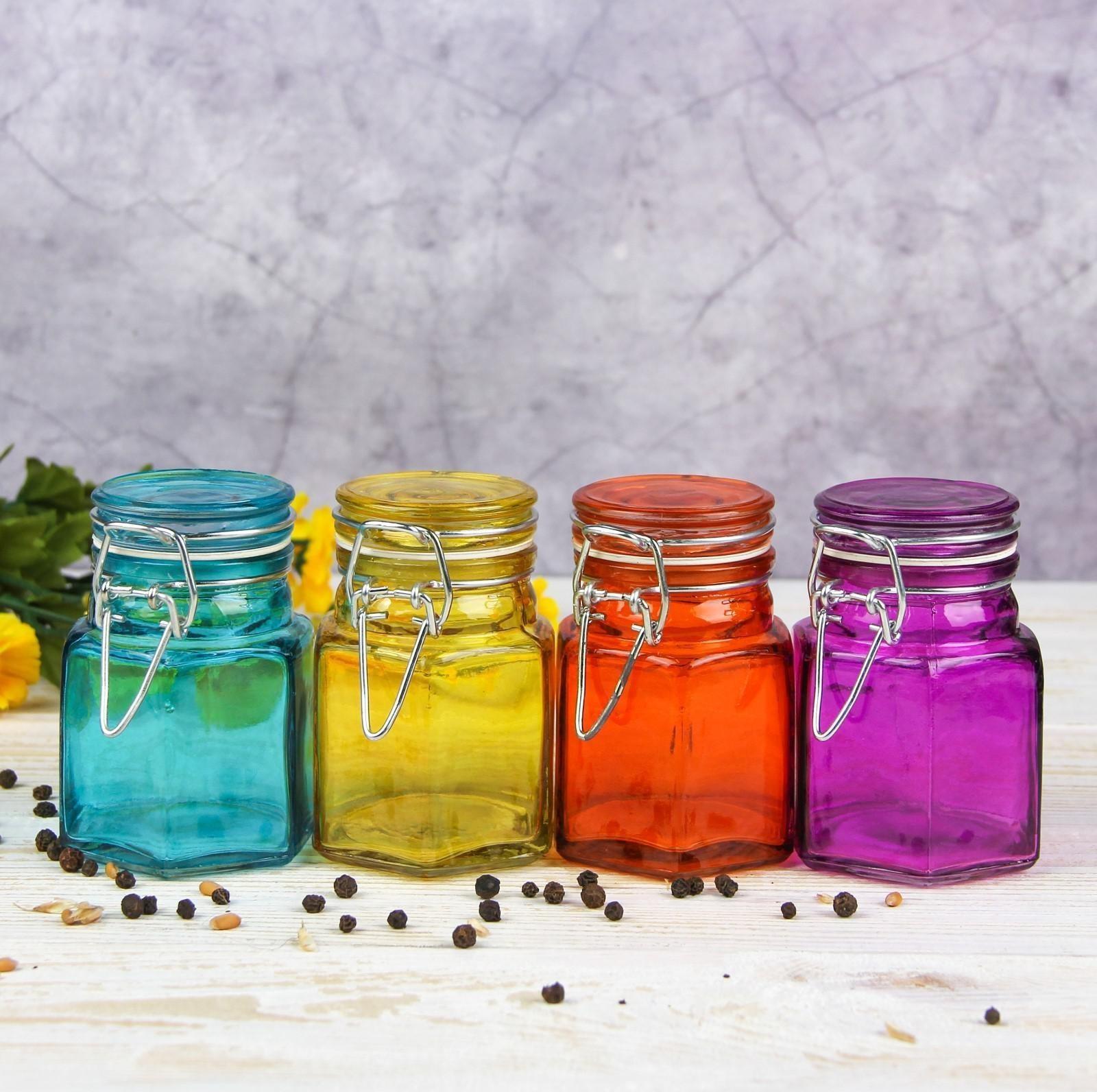 Банка стеклянная для сыпучих продуктов «Грани», 100 мл, 5,5×8 см, с бугельным замком, цвет МИКС