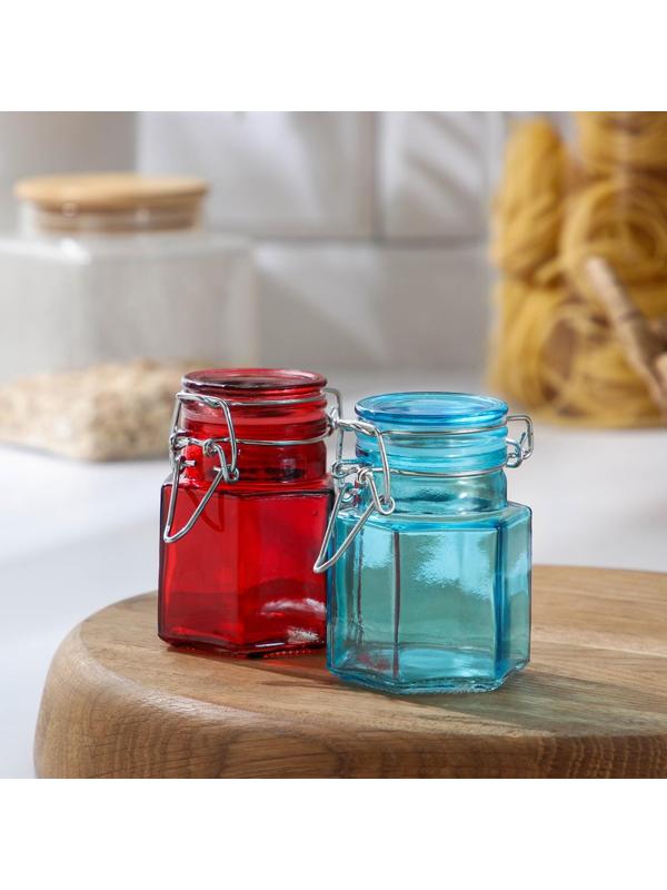 Банка стеклянная для сыпучих продуктов «Грани», 100 мл, 5,5×8 см, с бугельным замком, цвет МИКС