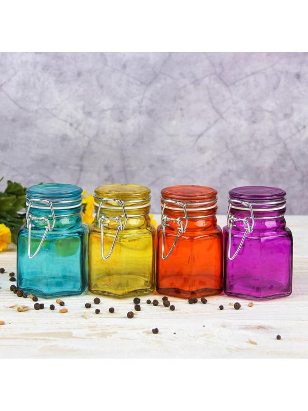 Банка стеклянная для сыпучих продуктов «Грани», 100 мл, 5,5×8 см, с бугельным замком, цвет МИКС