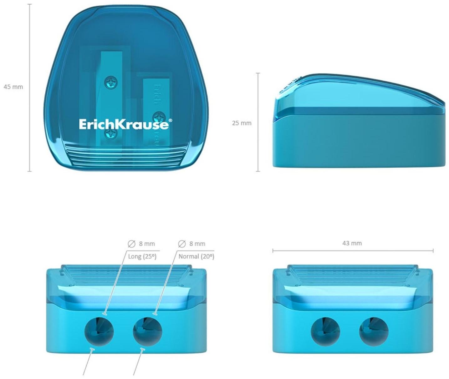 Точилка 2 отверстия ErichKrause Duo, с контейнером, отверстия диаметром 8 мм, микс