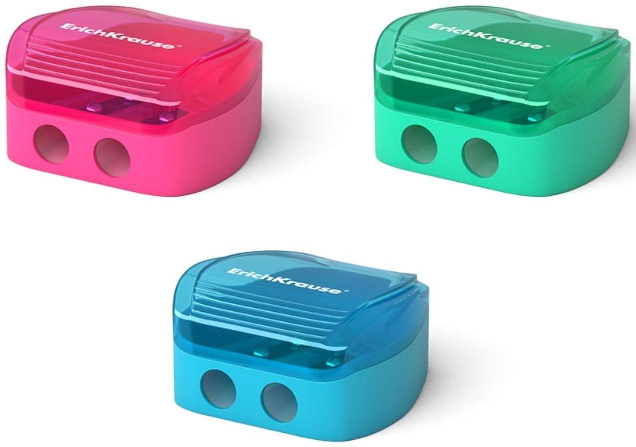 Точилка 2 отверстия ErichKrause Duo, с контейнером, отверстия диаметром 8 мм, микс