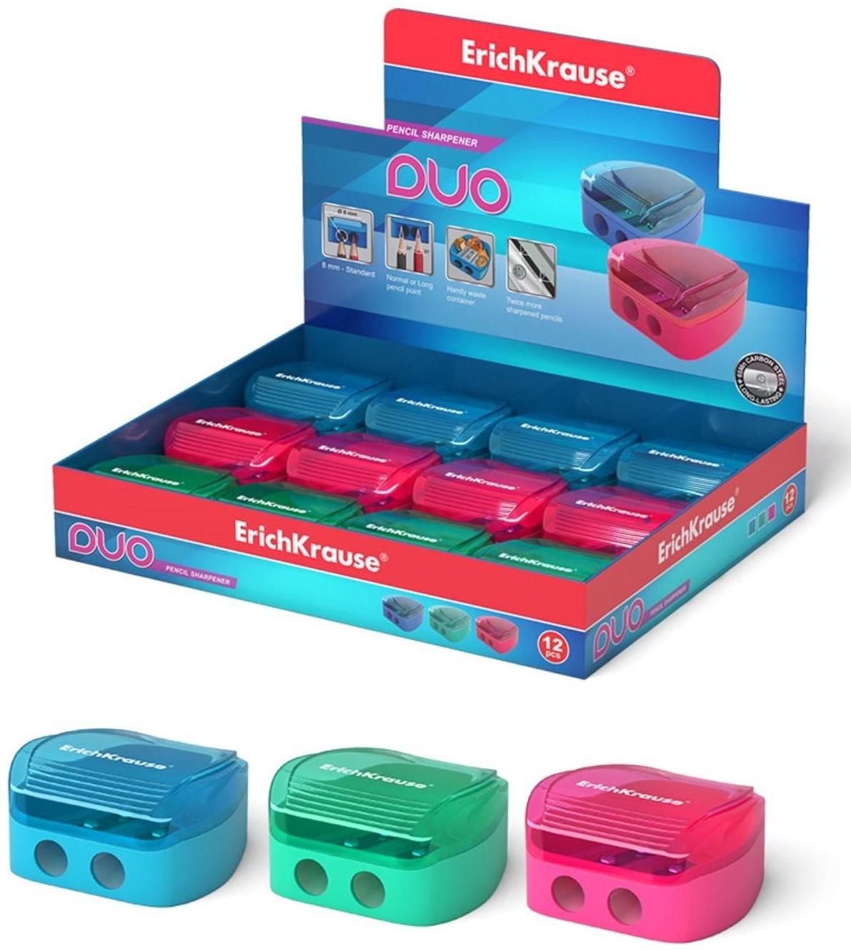 Точилка 2 отверстия ErichKrause Duo, с контейнером, отверстия диаметром 8 мм, микс