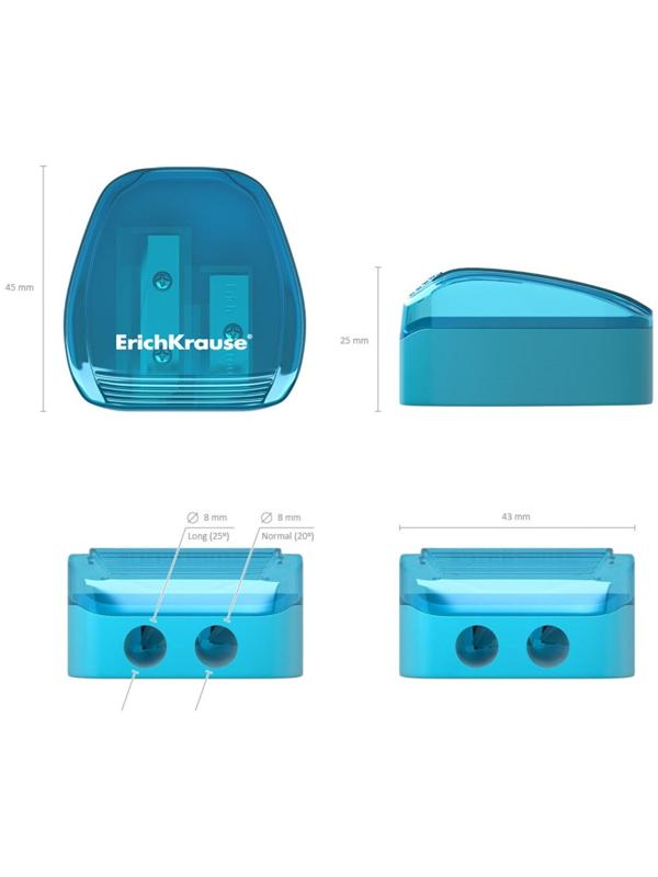 Точилка 2 отверстия ErichKrause Duo, с контейнером, отверстия диаметром 8 мм, микс