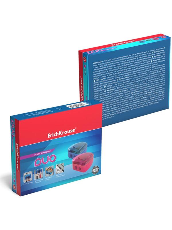 Точилка 2 отверстия ErichKrause Duo, с контейнером, отверстия диаметром 8 мм, микс