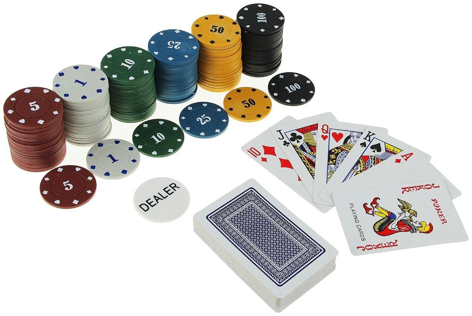 Покер, набор для игры (карты 54 шт, фишки 120 шт.), с номиналом, 15 х 15 см, микс