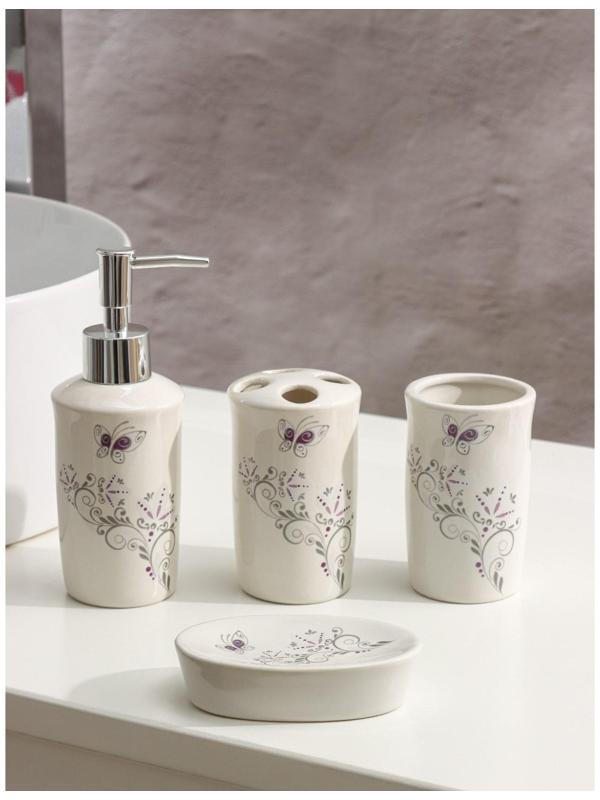 Набор аксессуаров для ванной комнаты Доляна «Изящество», 4 предмета (дозатор 250 мл, мыльница, 2 стакана)