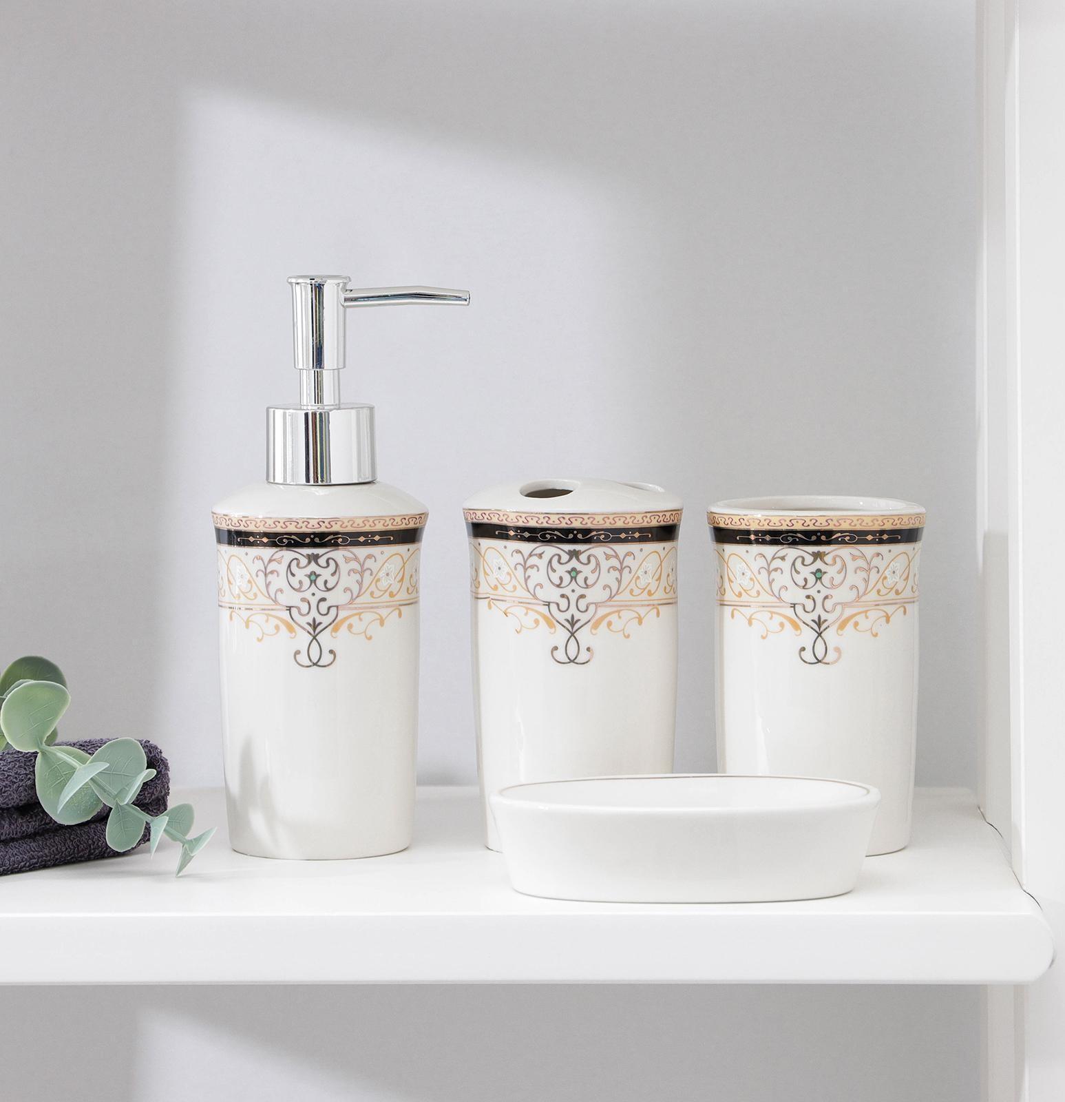 Набор аксессуаров для ванной комнаты Доляна «Золотая роскошь», 4 предмета (дозатор 250 мл, мыльница, 2 стакана)