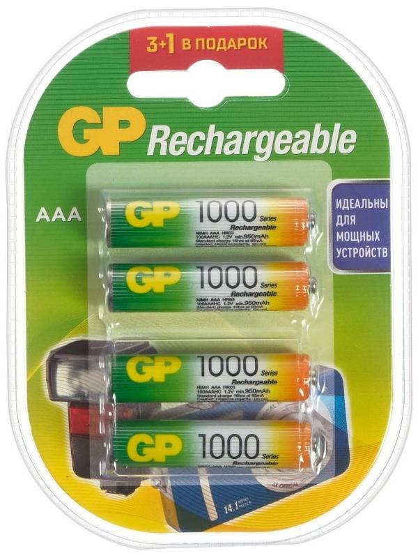 Аккумулятор GP, Ni-Mh, AAA, HR03-4BL, 1.2В, 1000 мАч, блистер, 3+1 шт.