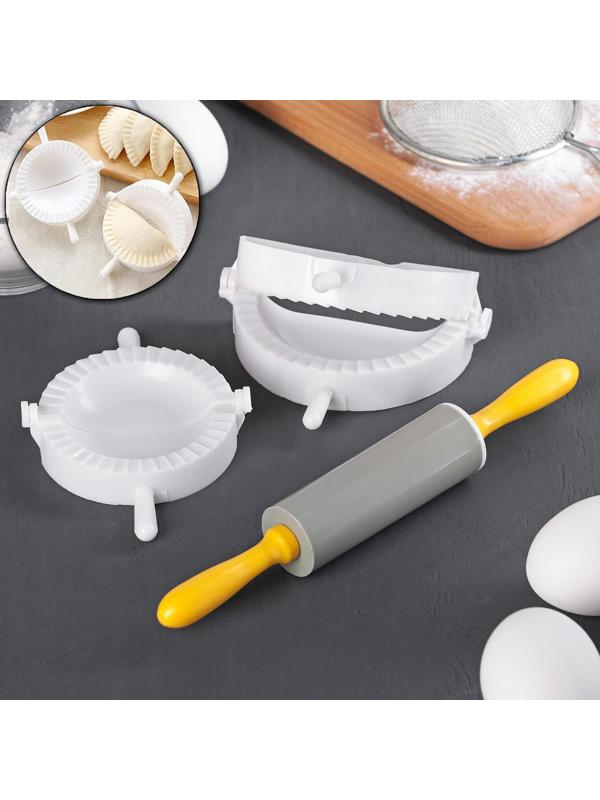 Набор для лепки пельменей Доляна, 3 предмета, формы d=7,5 и 10 см, скалка МИКС