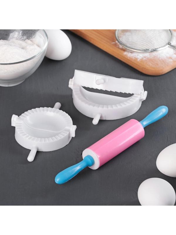 Набор для лепки пельменей Доляна, 3 предмета, формы d=7,5 и 10 см, скалка МИКС