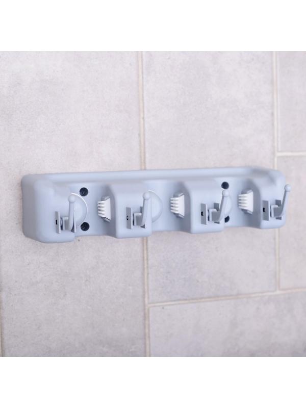 Держатель для уборочного инвентаря с крючками, 26×6×10 см, цвет серый