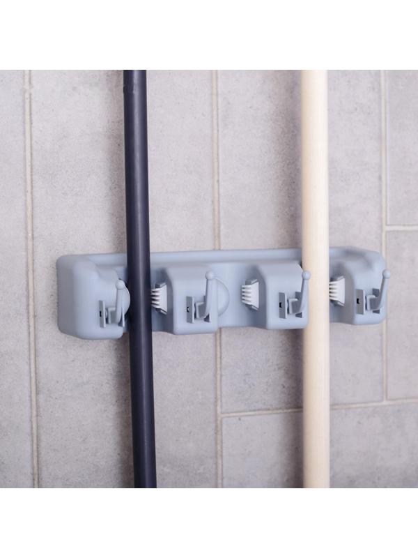 Держатель для уборочного инвентаря с крючками, 26×6×10 см, цвет серый
