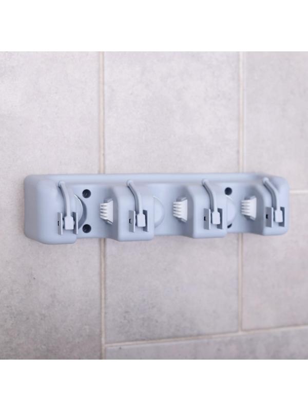 Держатель для уборочного инвентаря с крючками, 26×6×10 см, цвет серый