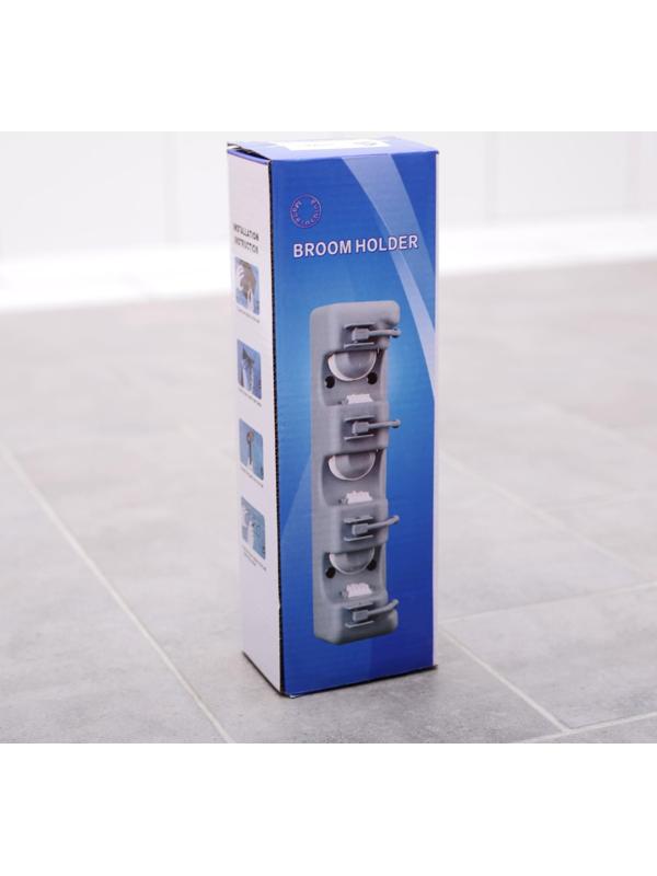 Держатель для уборочного инвентаря с крючками, 26×6×10 см, цвет серый