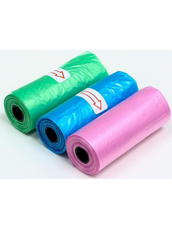 Пакеты для уборки за собаками однотонные (3 рулона по 15 пакетов 29х21 см), микс цветов