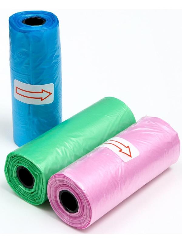 Пакеты для уборки за собаками однотонные (3 рулона по 15 пакетов 29х21 см), микс цветов