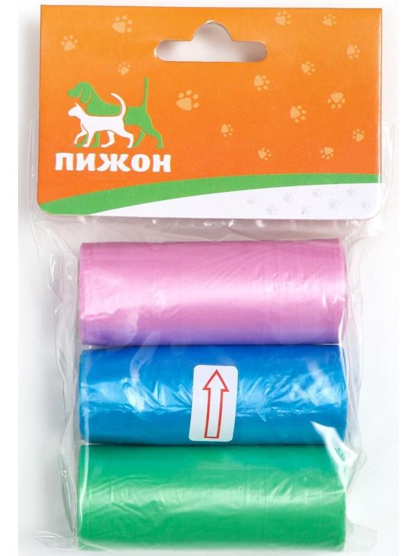 Пакеты для уборки за собаками однотонные (3 рулона по 15 пакетов 29х21 см), микс цветов