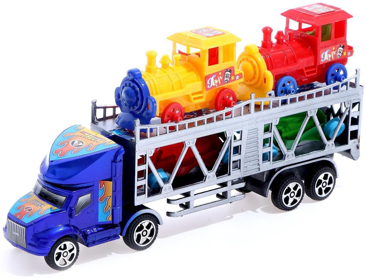 Грузовик инерционный «Автовоз», 2 машинки и 2 паровоза, цвета МИКС