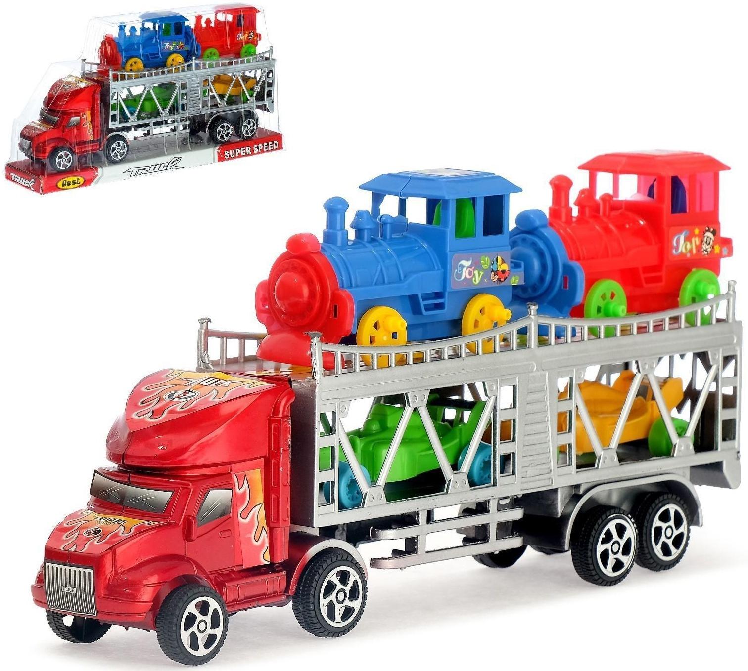 Грузовик инерционный «Автовоз», 2 машинки и 2 паровоза, цвета МИКС