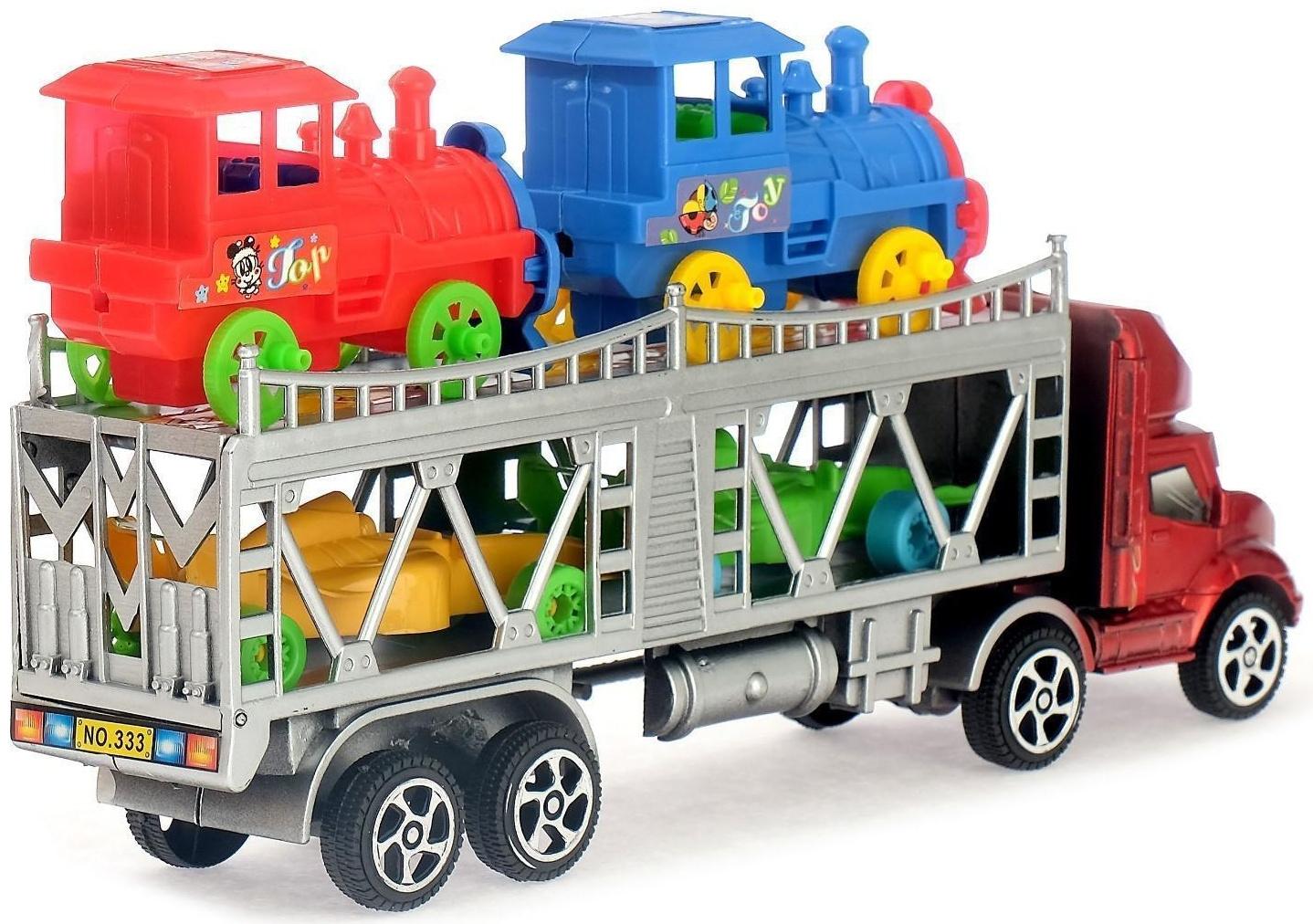 Грузовик инерционный «Автовоз», 2 машинки и 2 паровоза, цвета МИКС