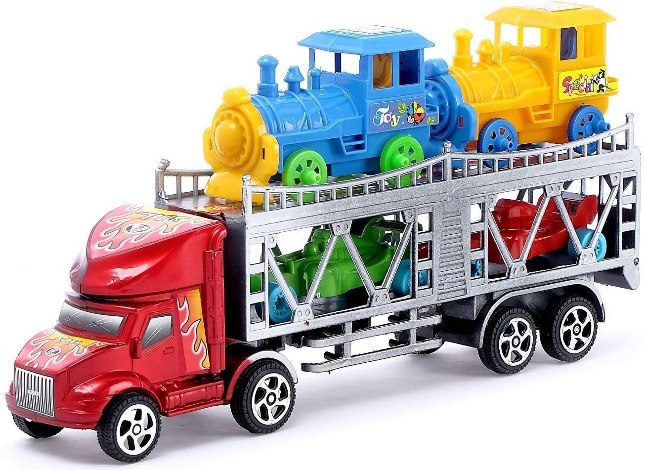 Грузовик инерционный «Автовоз», 2 машинки и 2 паровоза, цвета МИКС
