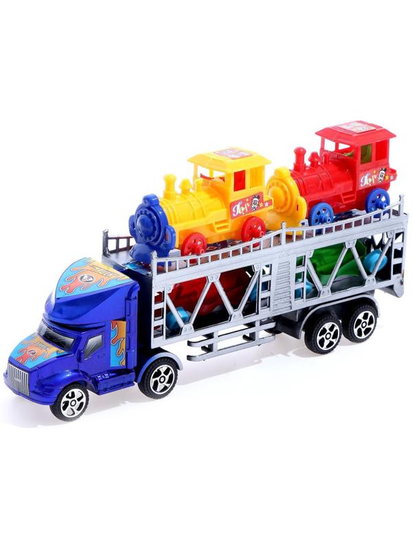 Грузовик инерционный «Автовоз», 2 машинки и 2 паровоза, цвета МИКС