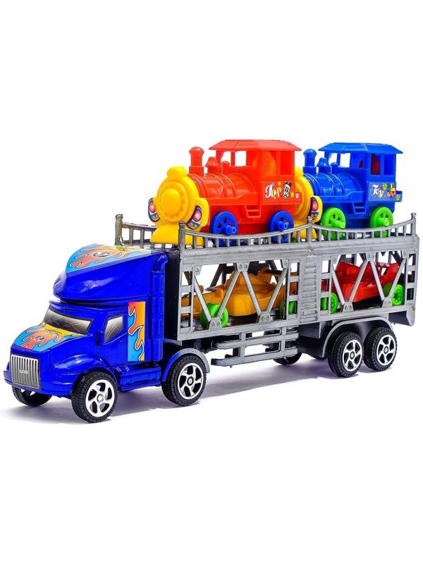 Грузовик инерционный «Автовоз», 2 машинки и 2 паровоза, цвета МИКС