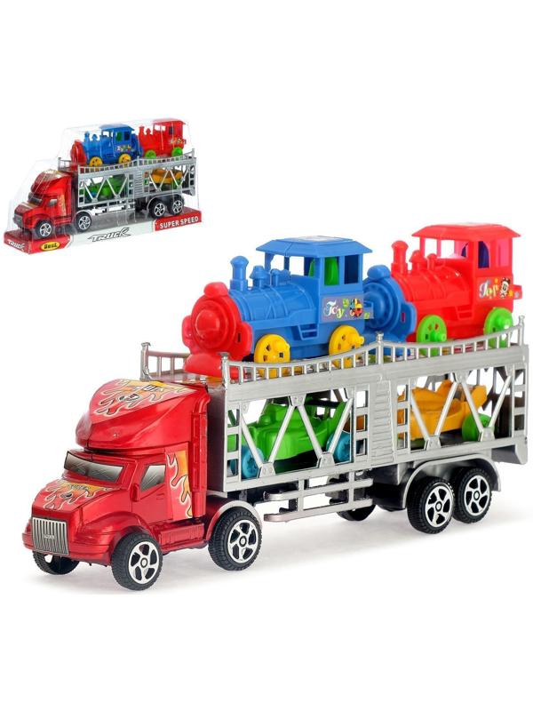Грузовик инерционный «Автовоз», 2 машинки и 2 паровоза, цвета МИКС