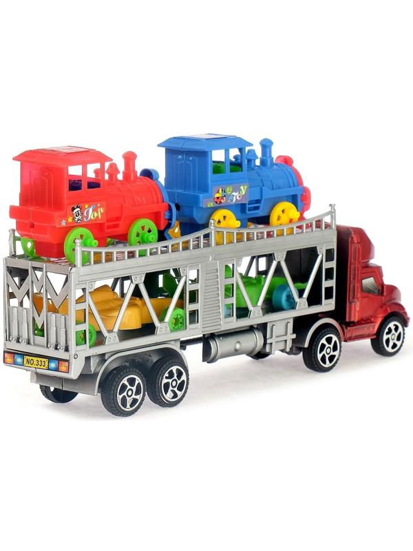Грузовик инерционный «Автовоз», 2 машинки и 2 паровоза, цвета МИКС