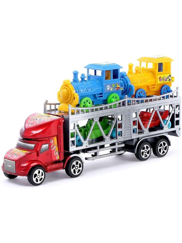 Грузовик инерционный «Автовоз», 2 машинки и 2 паровоза, цвета МИКС