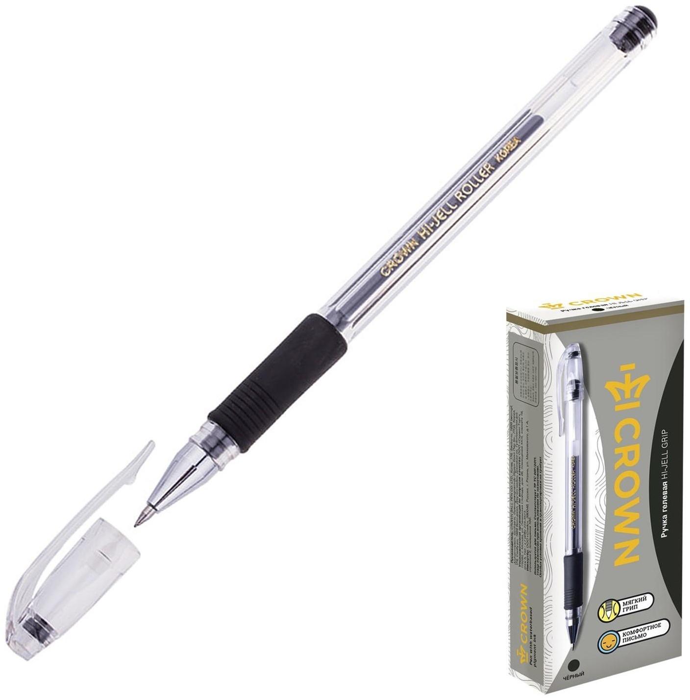 Ручка гелевая, стандарт, резиновый упор, Crown HJR-500R, чёрная, узел 0.5 мм