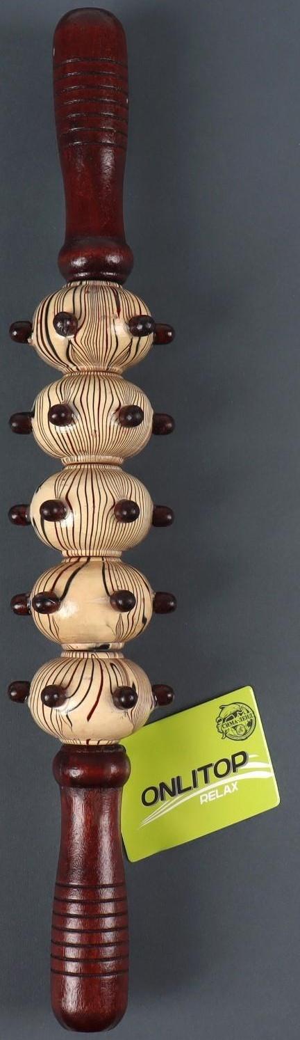 Массажёр «Скалка», универсальный, 36,5 × 5,8 см, 5 шаров с шипами, деревянный