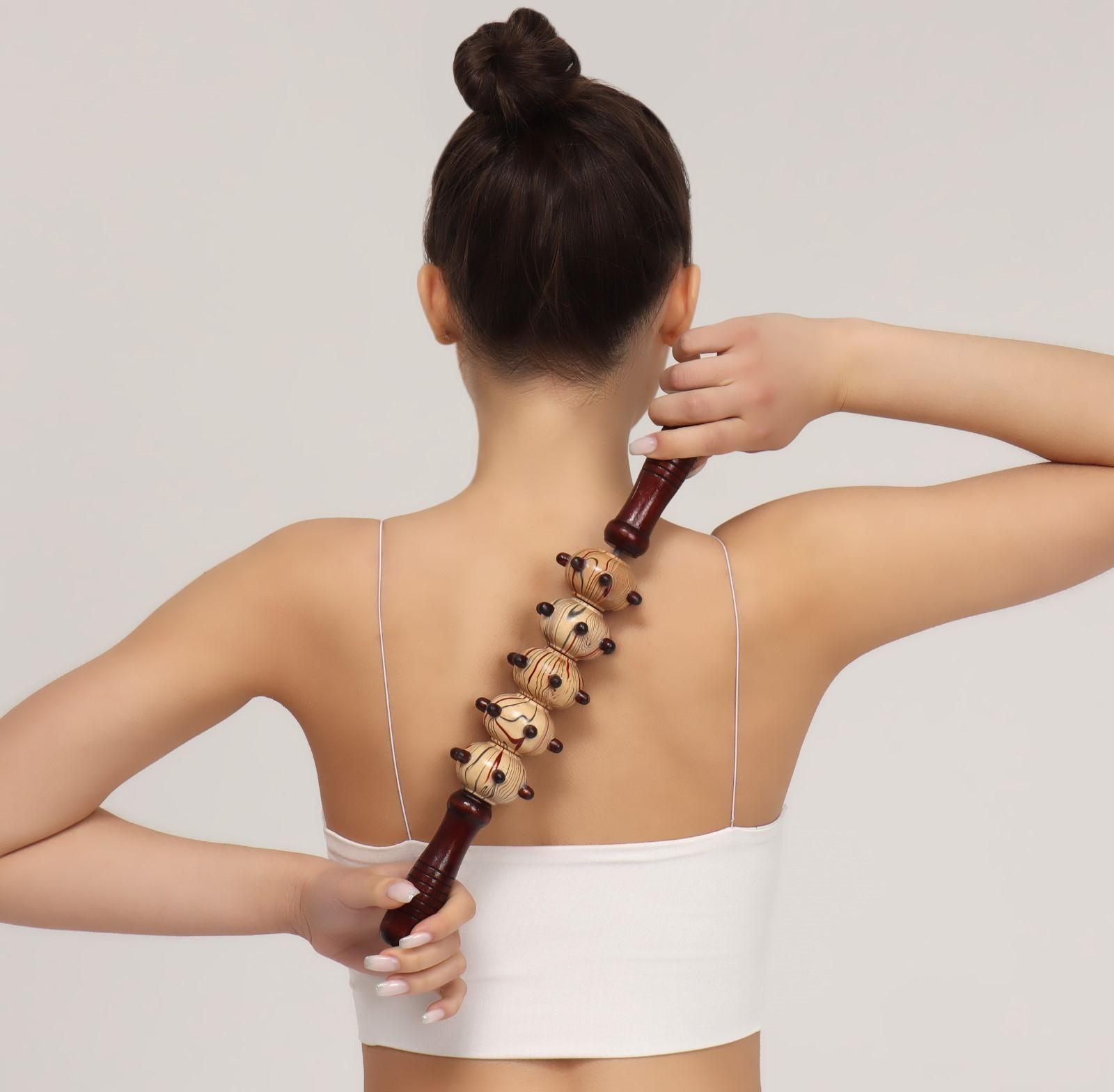 Массажёр «Скалка», универсальный, 36,5 × 5,8 см, 5 шаров с шипами, деревянный