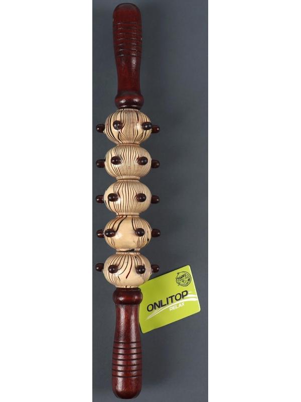 Массажёр «Скалка», универсальный, 36,5 × 5,8 см, 5 шаров с шипами, деревянный