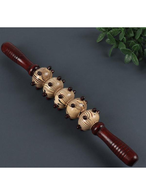 Массажёр «Скалка», универсальный, 36,5 × 5,8 см, 5 шаров с шипами, деревянный
