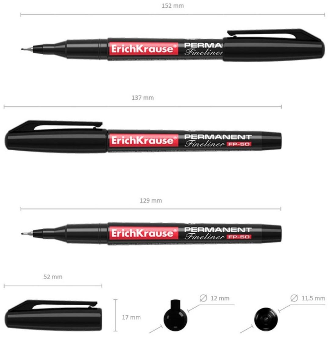 Маркер - лайнер перманентный ErichKrause FP-50, 0.6 мм, чернила на спиртовой основе, светостойкие и водостойкие, для любых поверхностей, чёрный