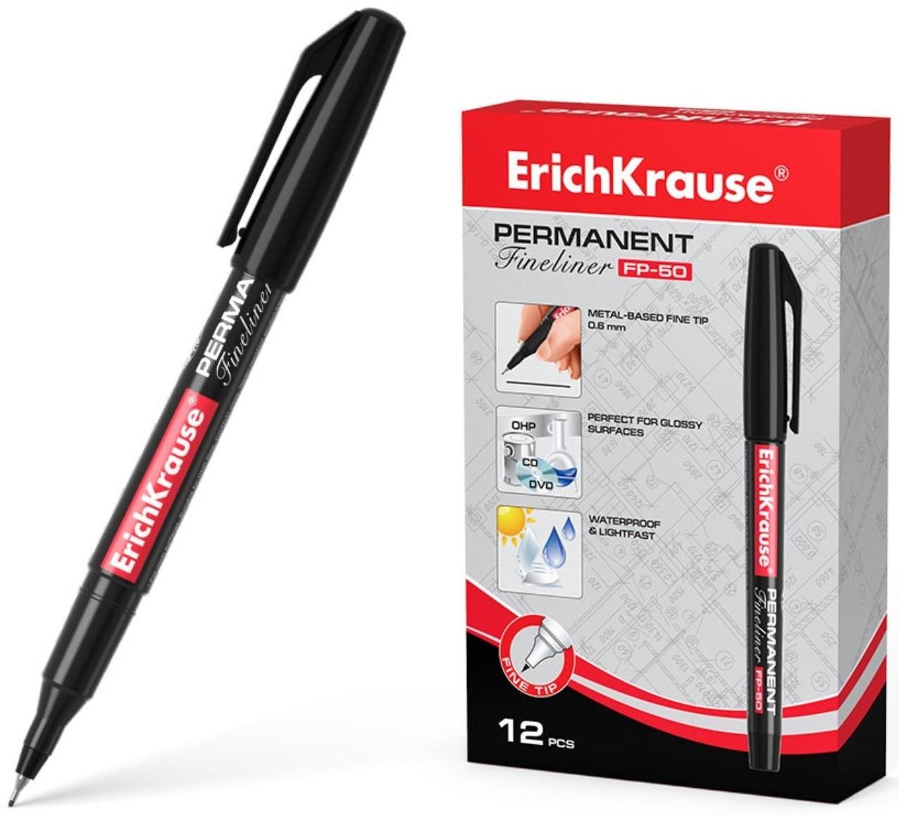 Маркер - лайнер перманентный ErichKrause FP-50, 0.6 мм, чернила на спиртовой основе, светостойкие и водостойкие, для любых поверхностей, чёрный