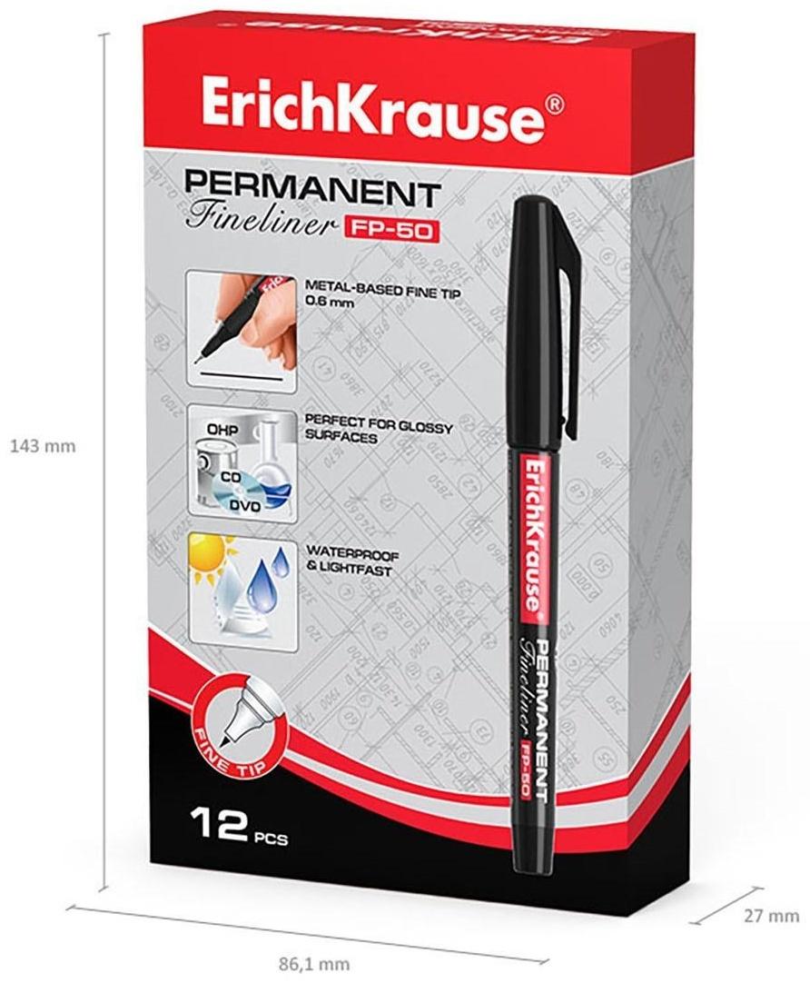Маркер - лайнер перманентный ErichKrause FP-50, 0.6 мм, чернила на спиртовой основе, светостойкие и водостойкие, для любых поверхностей, чёрный
