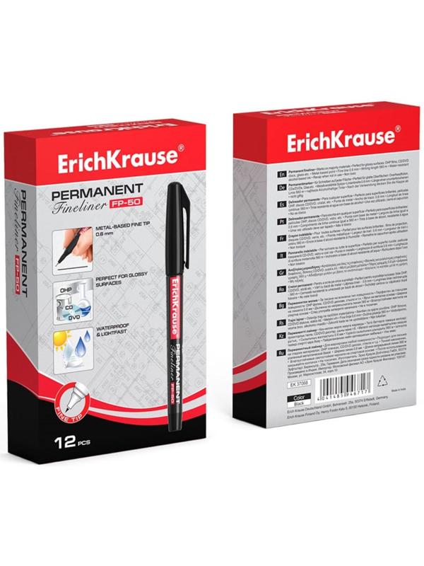 Маркер - лайнер перманентный ErichKrause FP-50, 0.6 мм, чернила на спиртовой основе, светостойкие и водостойкие, для любых поверхностей, чёрный