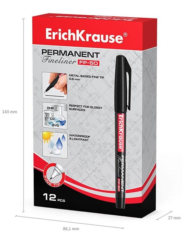 Маркер - лайнер перманентный ErichKrause FP-50, 0.6 мм, чернила на спиртовой основе, светостойкие и водостойкие, для любых поверхностей, чёрный
