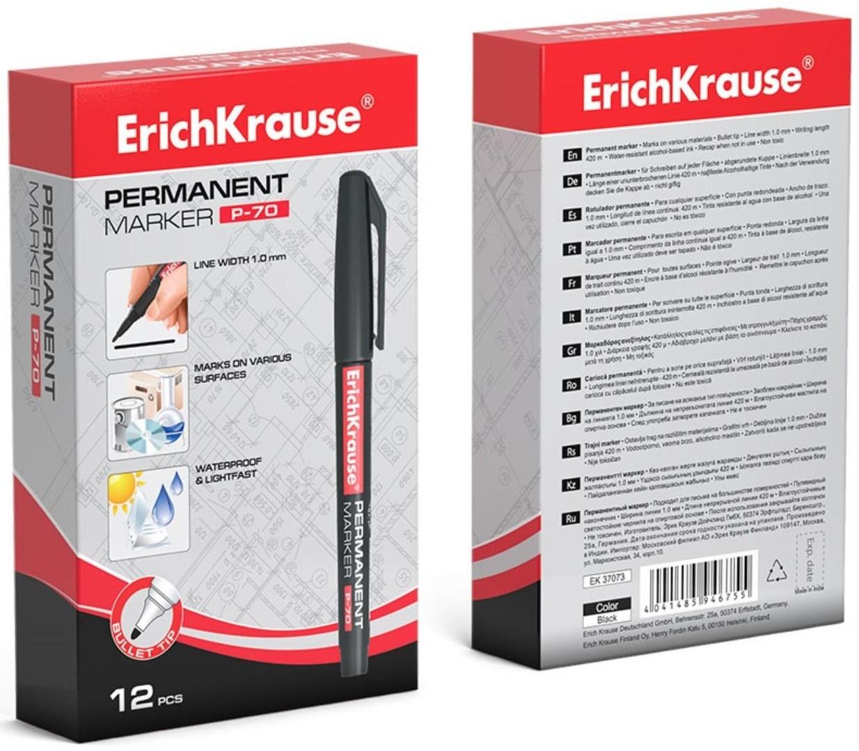 Маркер перманентный ErichKrause P-70, 1.0 мм, для письма на любой поверхности, чёрный