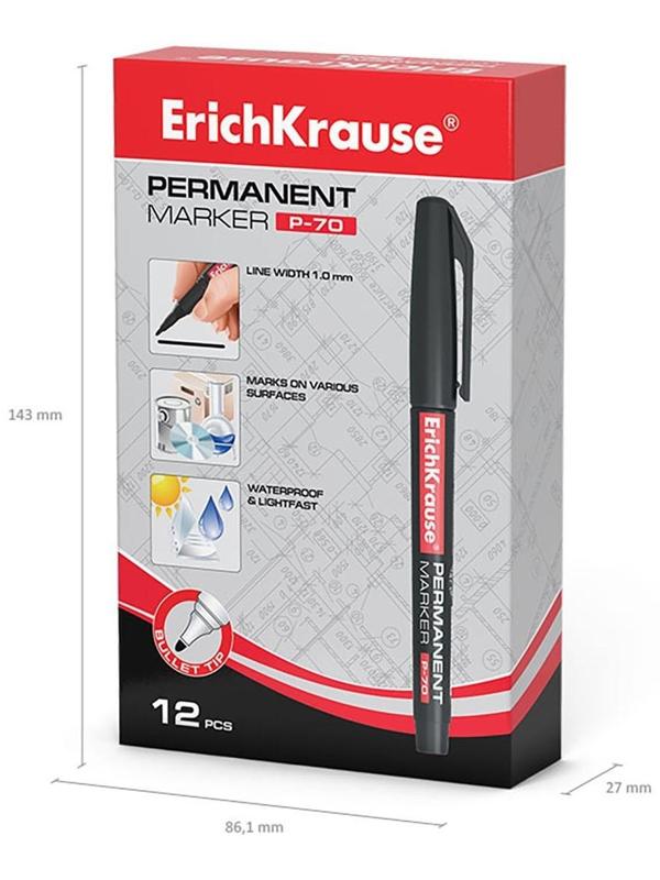 Маркер перманентный ErichKrause P-70, 1.0 мм, для письма на любой поверхности, чёрный