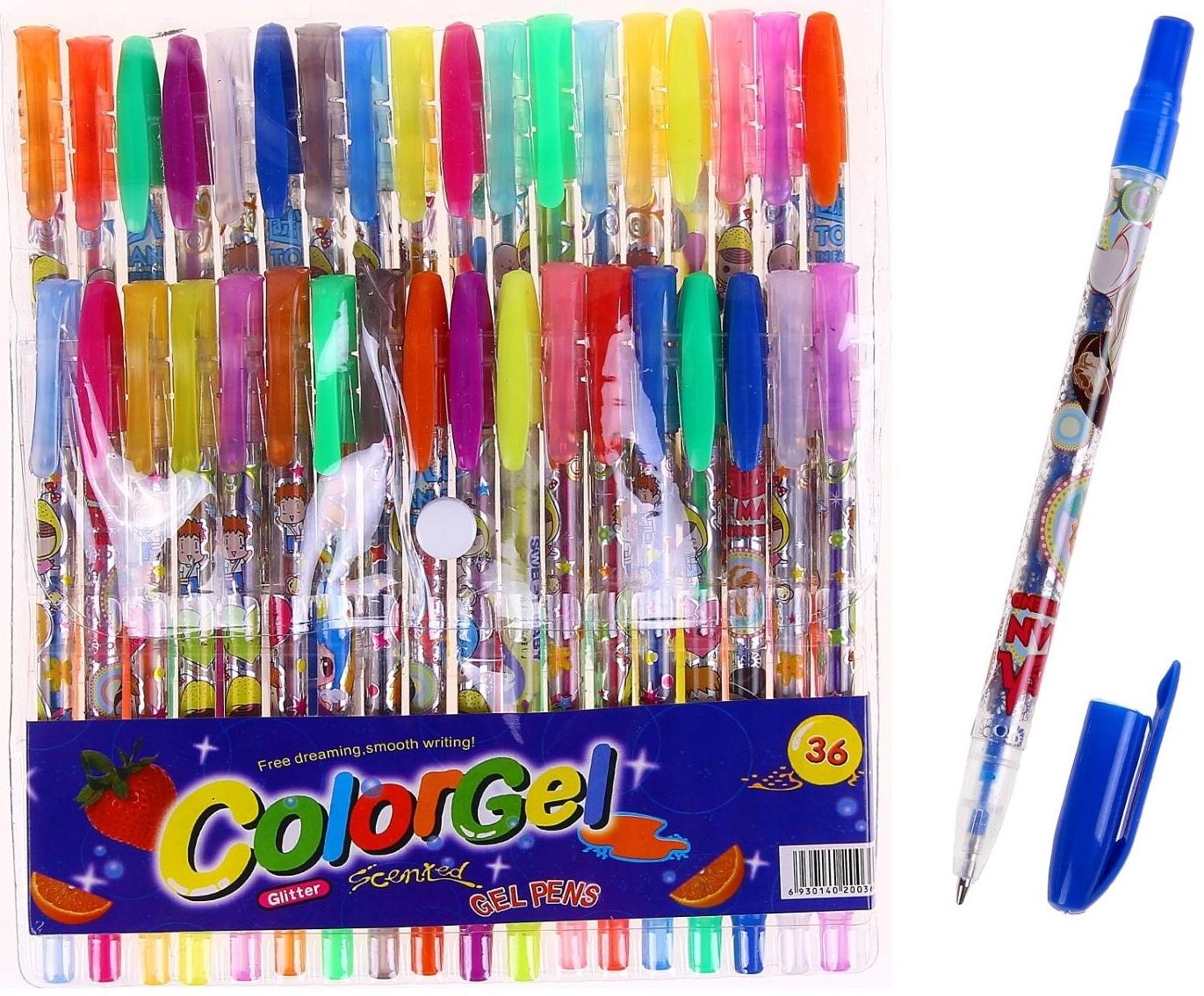Набор гелевых ручек с блёстками, 36 цветов, корпус с рисунком, в блистере, на кнопке