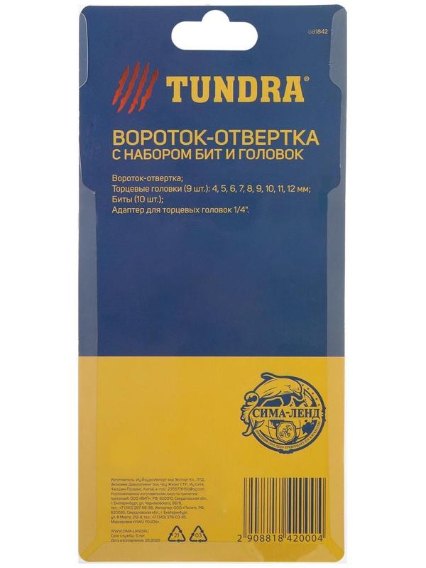 Отвертка с набором бит и головок ТУНДРА, Т-образный профилированный держатель, 21 предмет