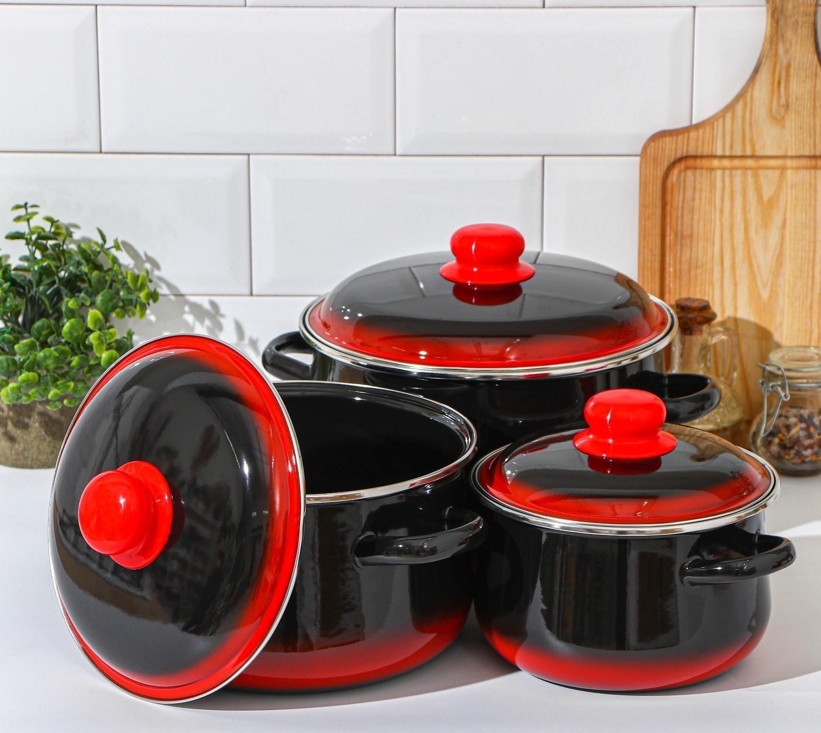 Набор кастрюль «Кармен», 3 предмета: 2 л, 4 л, 5,5 л, индукция, цвет чёрно-красный