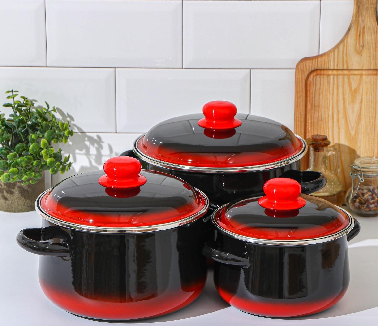 Набор кастрюль «Кармен», 3 предмета: 2 л, 4 л, 5,5 л, индукция, цвет чёрно-красный