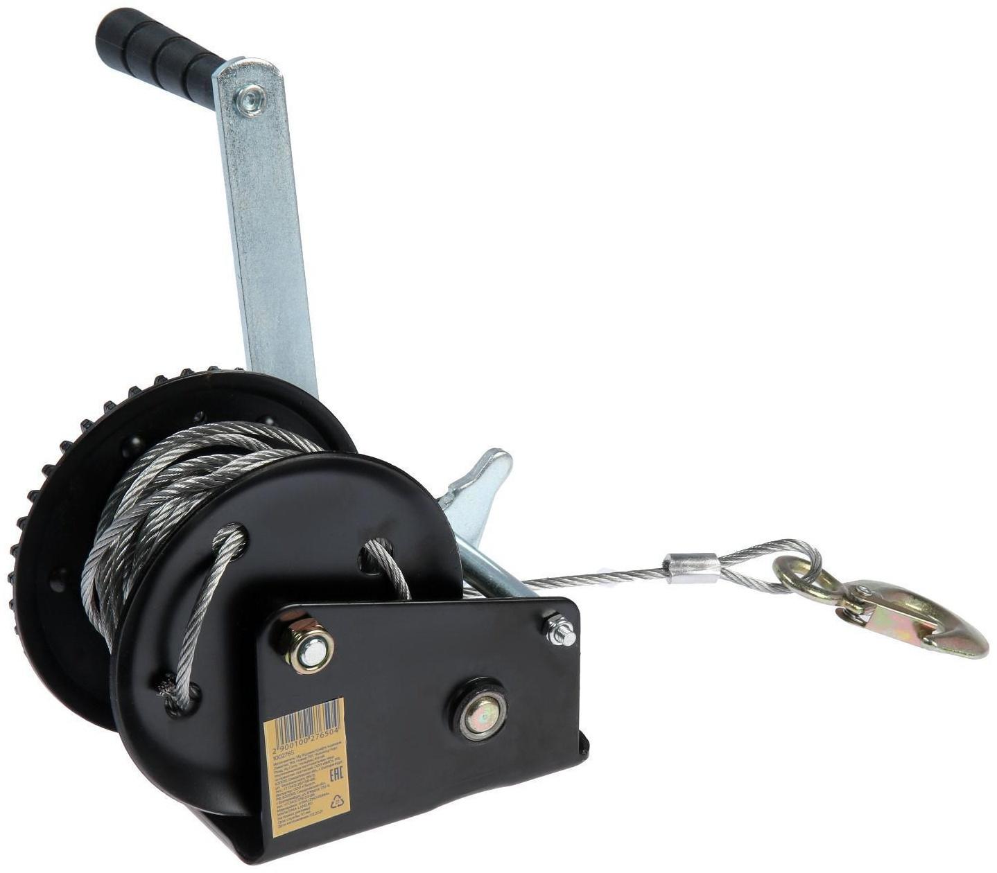 Лебедка ручная барабанная тяговая ТУНДРА, 1000 кг, металлический трос 10 метров