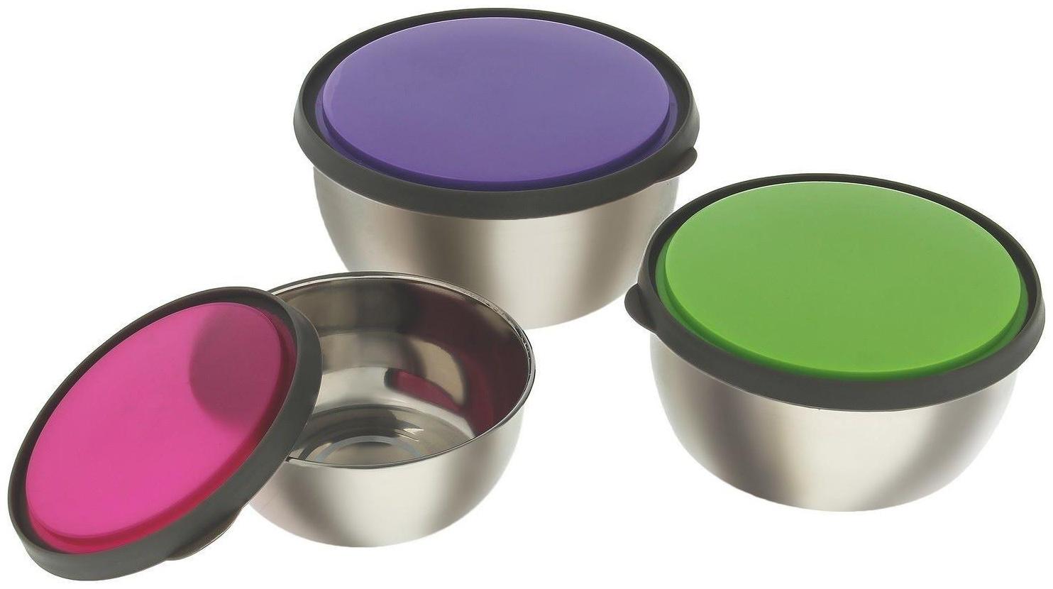 Набор салатников из нержавеющей стали с крышками «Яркая сталь», 3 шт: d=12 см, d=14 см, d=16 см, 800 мл, 600 мл, 400 мл, цвет МИКС